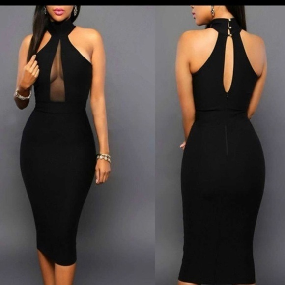 Fashion Nova Dresses & Skirts - Halter Neck Bodycon Midi Dress Green Mesh Patchwork Sexy Open Chest Dress